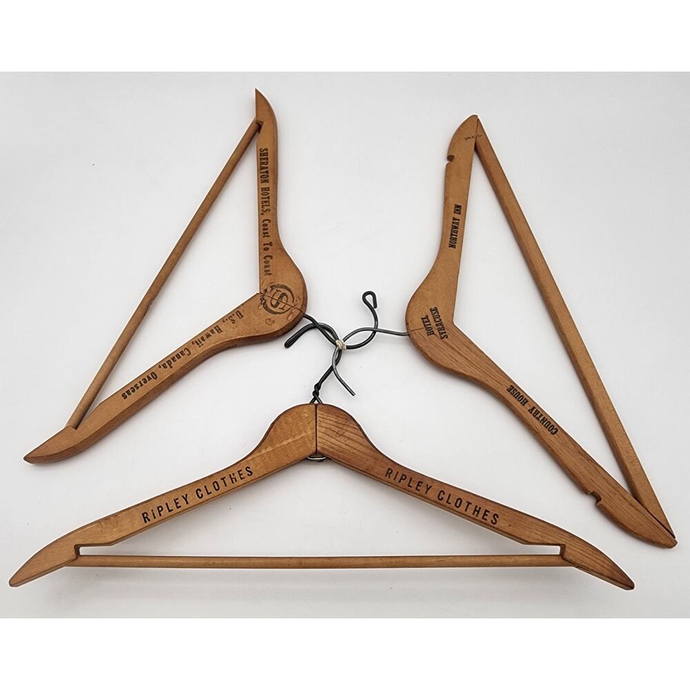 Vtg Lot of 3 Wood Coat Hangers Hotel Dept Store Advertising Syracuse Sheridan